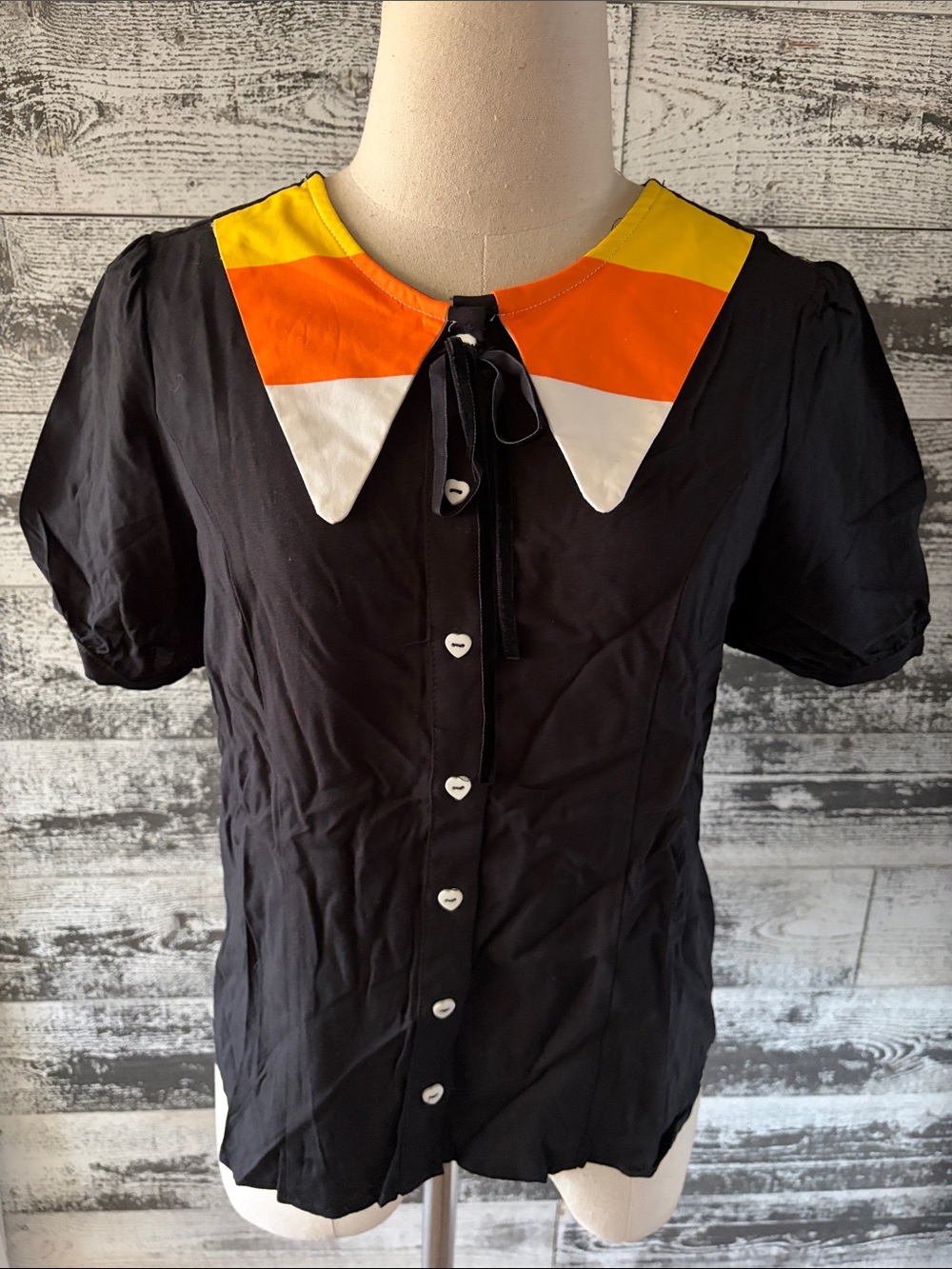 NWT Social Collision Black Button-Down Top with Candy corn Pointed Collar